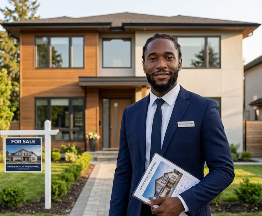 Real estate agent standing in front of a house for sale holding a property brochure