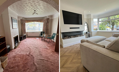 Before and after comparison of a renovated living room