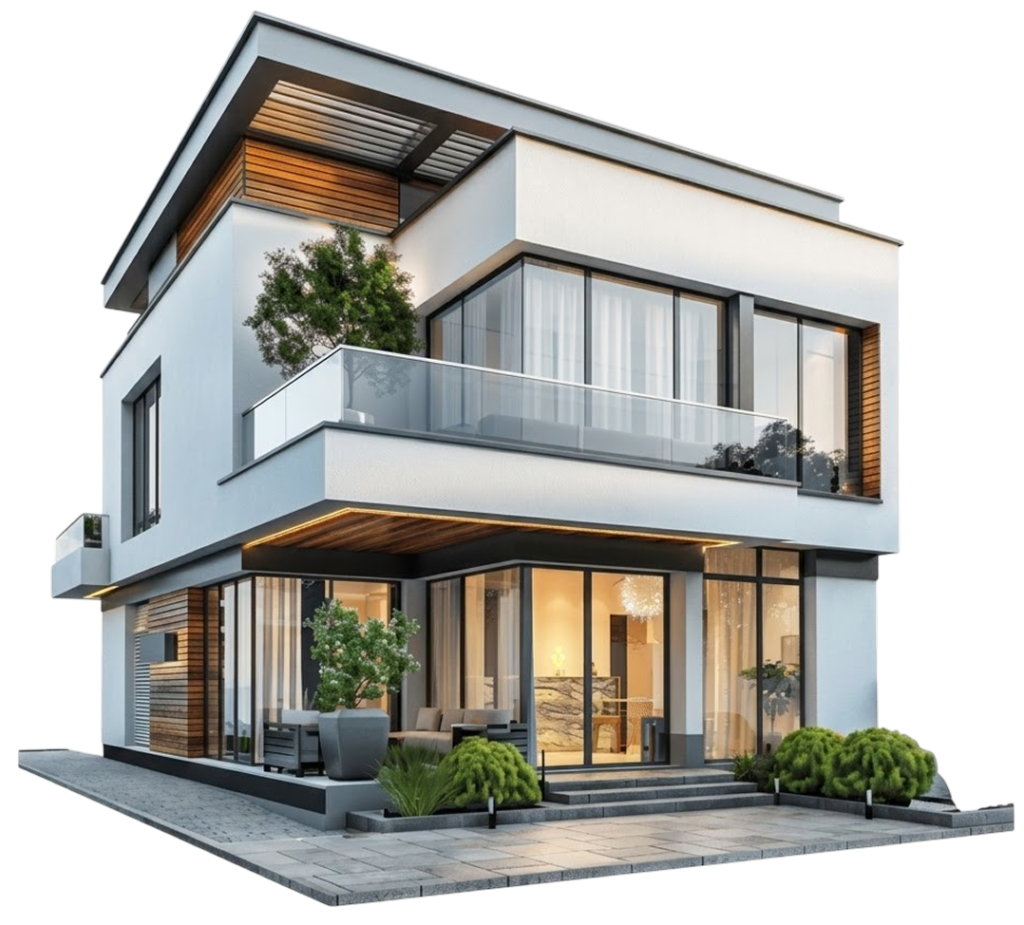 Modern two-story luxury house with glass balcony and wooden accents